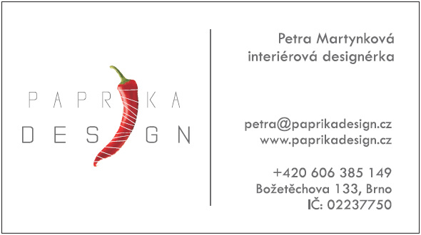 Vizitka: Petra Martynková - interiérová designérka, +420 606 385 149, info@paprikadesign.cz